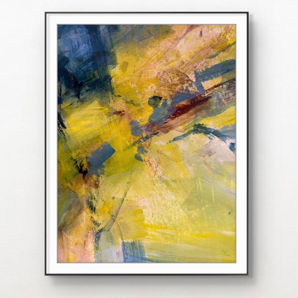 Blue + Yellow Abstract Painting on Paper - Original Work / Sara Roberts Art
